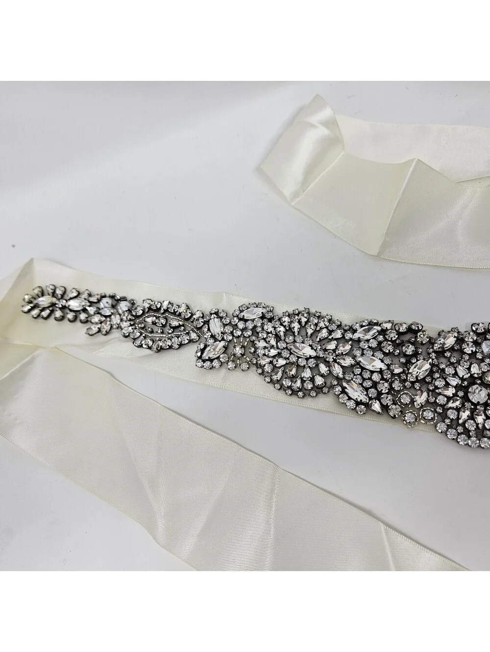 Woman’s Bridal Belt Silver Rhinestones Cream Satin Ribbon 102” L Vintage Wedding